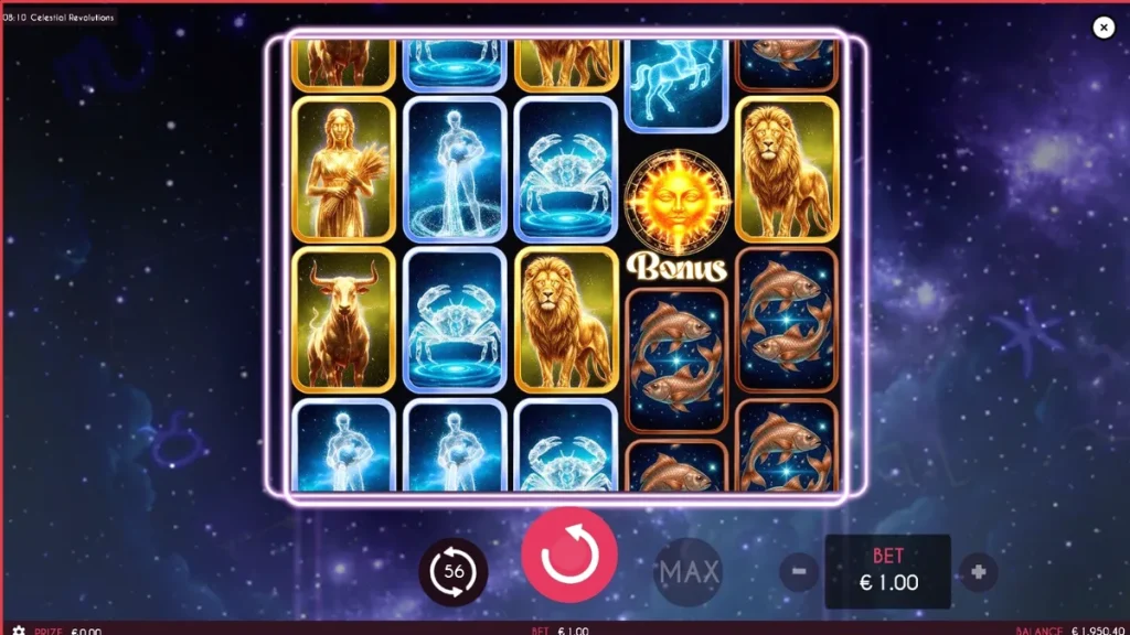 Tampilan visual slot Celestial Revolutions dengan latar belakang kosmik dan simbol zodiak yang berkilauan.