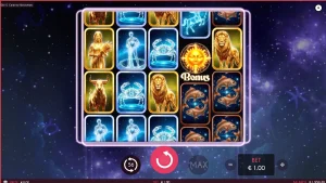 Tampilan visual slot Celestial Revolutions dengan latar belakang kosmik dan simbol zodiak yang berkilauan.