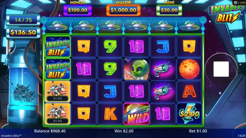 Tampilan visual slot Invaders Blitz dengan tema invasi sapi luar angkasa