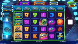 Tampilan visual slot Invaders Blitz dengan tema invasi sapi luar angkasa